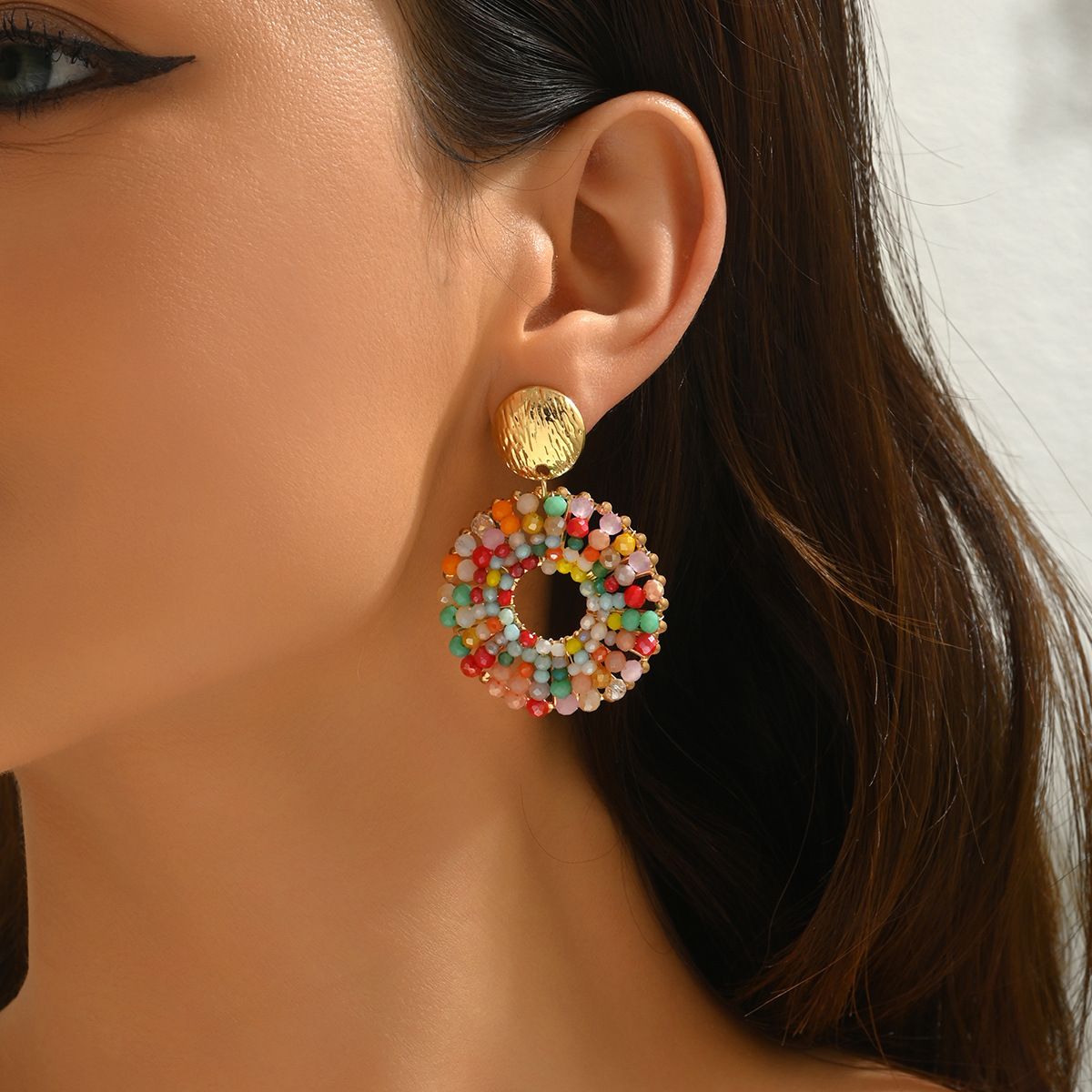 Bohemian Multicolor Beaded Hoop Earrings, 5.3cm Handmade Crystal Bead Circle Earrings with Gold Plated Stud, Lightweight Statement Jewelry for Women
