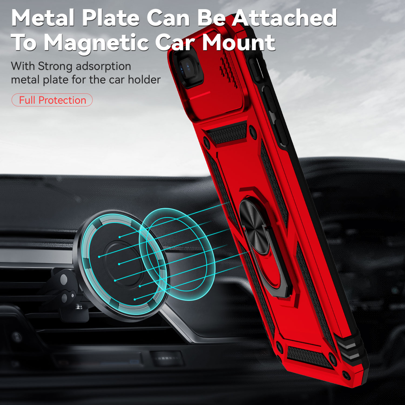 Sliding Camera Protection Shockproof Phone Case For iPhone 6 6s 7 8 4.7 inch iPhone 6 Plus 6s Plus 7 Plus 8 Plus 5.5 inch TPU+PC Double Layer Phone Cover Shell with Rotate Ring Kickstand Metal Plate for Magnetic Car Mount