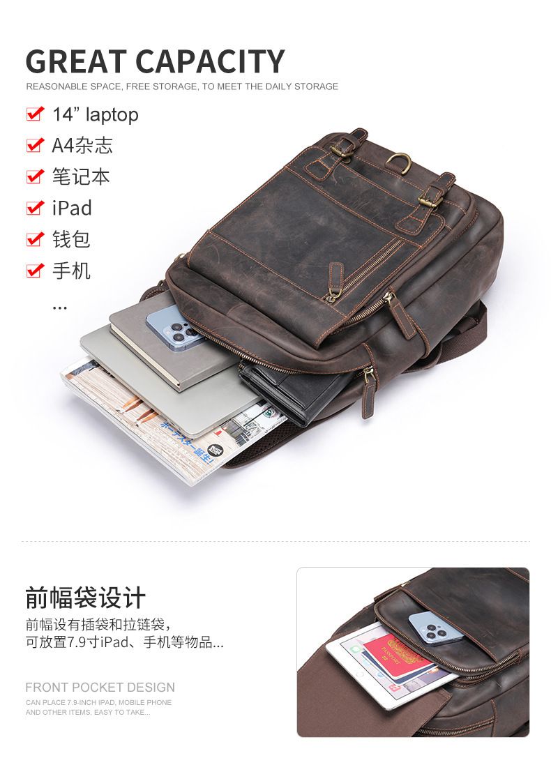 Head layer cowhide business commuting computer backpack, large capacity European and American retro backpack, cross-border crazy horse leather backpack