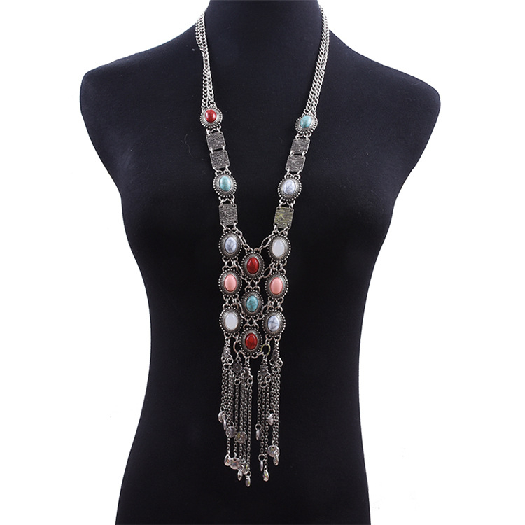 JN0206 turquoise bohemian women's necklace Ethnic tribe necklace vintage rhinestone chain for girls