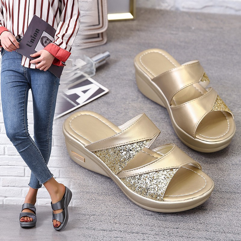 313 New Women Summer Slippers Ladies Glitter PU Wedges Shoes Female Casual Slingbacks Sandals Comfortable Platform Woman
