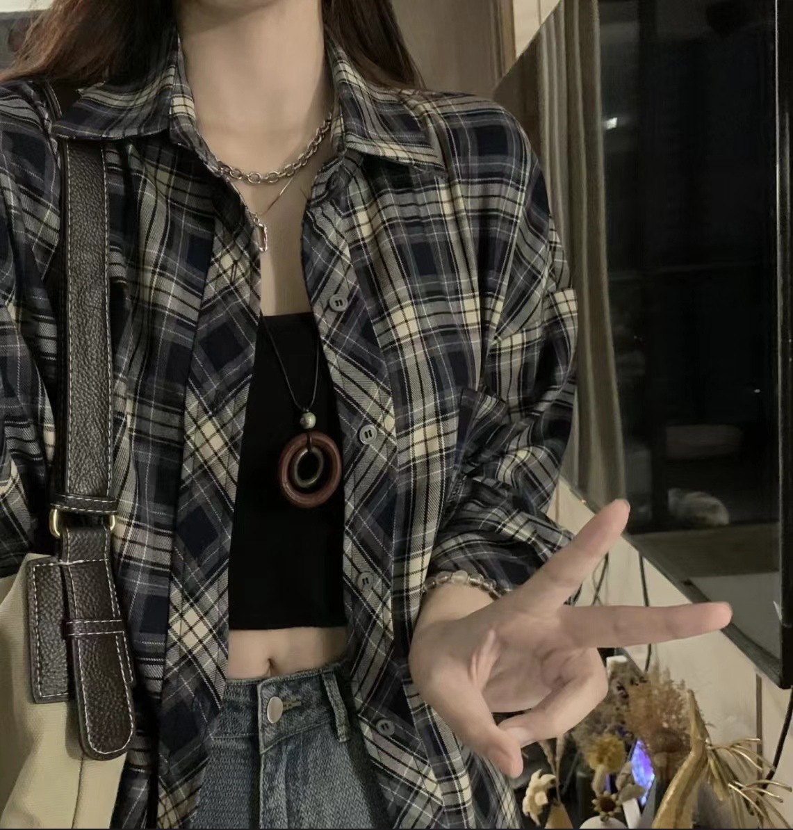 Women's Summer Retro Plaid Shirt Long Sleeve Casual Loose Coat