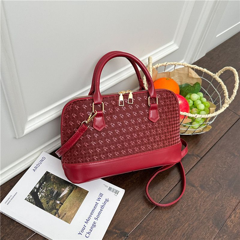 Women's Monogram Shell-Shape Handbag, PU Leather Top-Handle Crossbody Bag with Adjustable Strap, Retro-Style Satchel in 6 Colors
