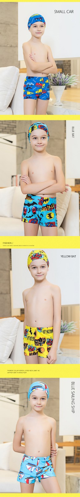 Boy's Cute Cartoon Pattern Swim Jammer Shorts Plus a Swimming Cap Comfortable Polyester Fabric Quick Drying