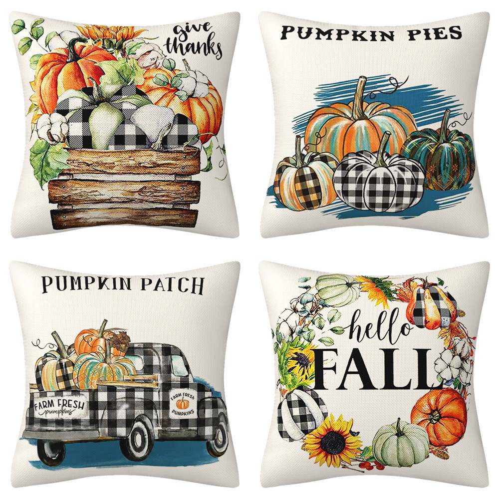 MNBY-81 Fall Pillow Covers 45*45cm Plaid Pumpkins Sunflowers Jars Polka Dots Pumpkins Truck Fall Pillows Decorative Throw Pillows Farmhouse Thanksgiving Decorations Autumn Cushion Case