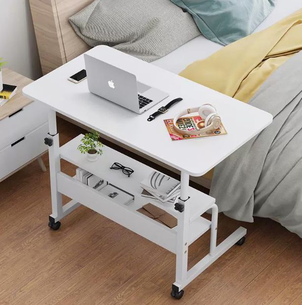 Small Standing Desk Mobile Portable Rolling Laptop PC Table on Wheels Adjustable Height Computer Workstation for Home Office, 30 Inch, Modern White