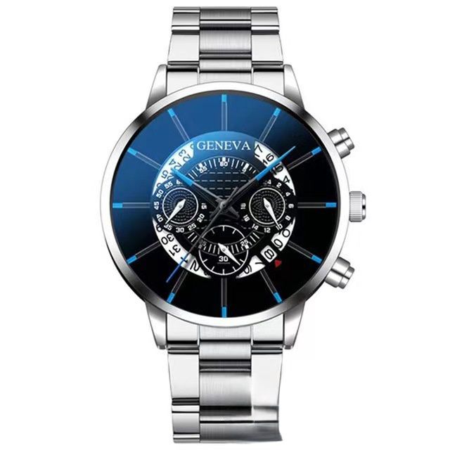 Calendar steel band watch men's large dial quartz watch men's watch foreign trade men's watch hollowed out silver blue