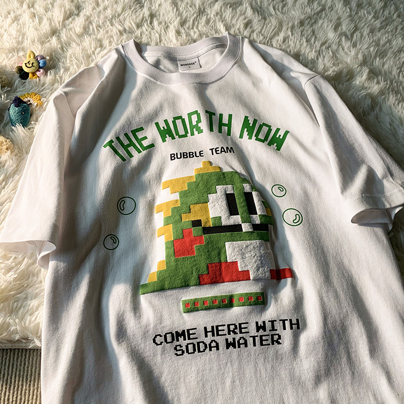 Men's and Women's Retro Cartoon Printed T-Shirt Loose Crewneck Half Sleeve Top
