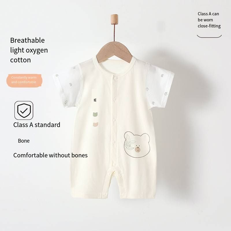 Baby Summer Ice Ceramic Cotton Romper, Short Sleeve No Bone Stitching Onesie, Breathable Cotton Infant Jumpsuit with Snap Closure, 66-80cm