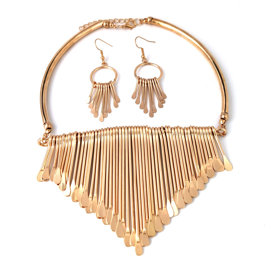 00277-19 Jewelry Set Exaggerate Tassel Dangle Necklace Alloy Collar Hoop Drop Earrings For Women Accessories