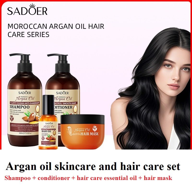 SADOER Moroccan Argan Oil Complete Hair Care Set, 500ml Shampoo + 500ml Conditioner + 250g Hair Mask + 80ml Hair Oil, 4-Piece Nourishing Anti-Dandruff Smoothing Hair Treatment Kit for All Hair Types