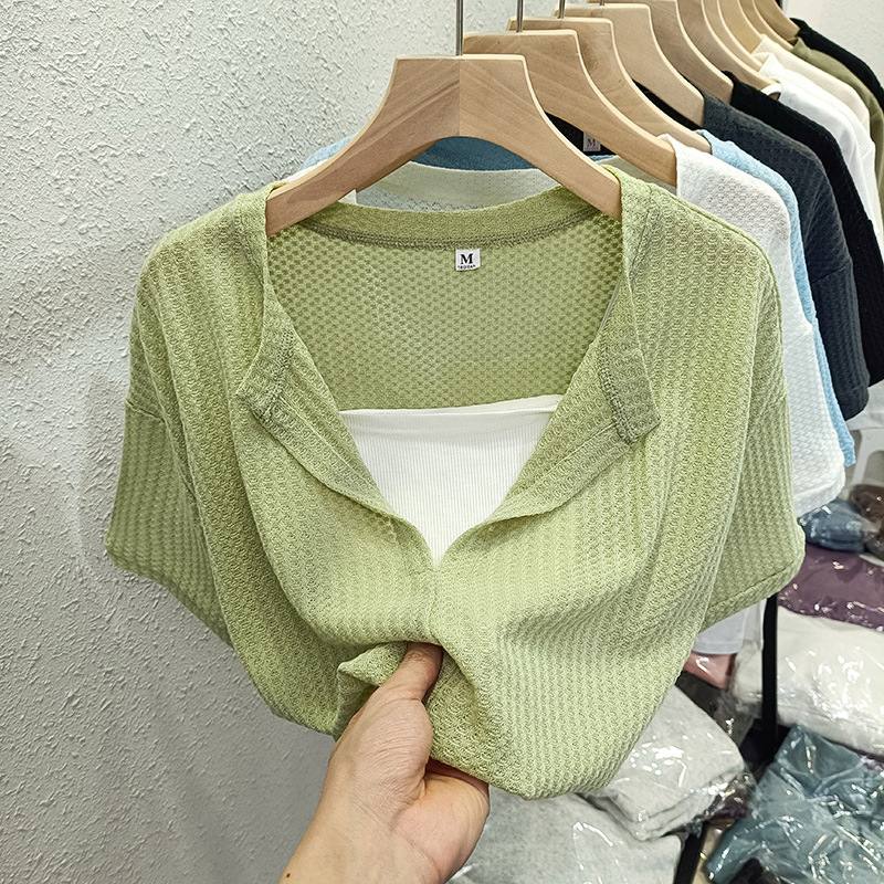 YF7814 Women's Clothing Blouses Tops Fashion Summer Short Sleeve V-neck Solid Color Casual T-shirt