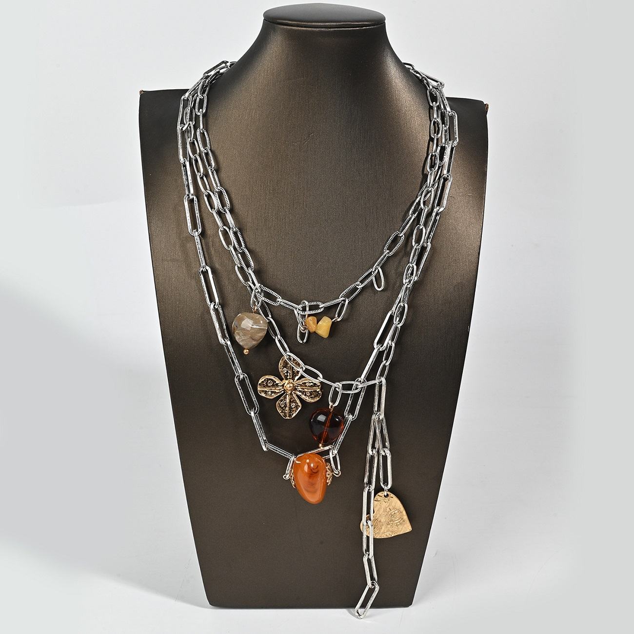 Vintage Layered Paperclip Chain Necklace with Amber Beads & Gold Charms, 3-Tier Statement Necklace with Flower & Heart Pendants
