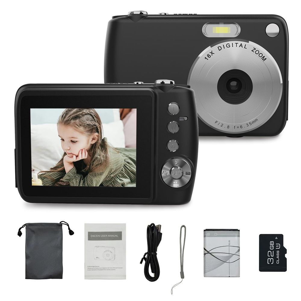 Digital Camera, FHD 1080P Cameras for Kids, Digital Point and Shoot Camera with 16X Zoom Anti Shake, Compact Small Cameras Gift for Boys Girls Kids, Black