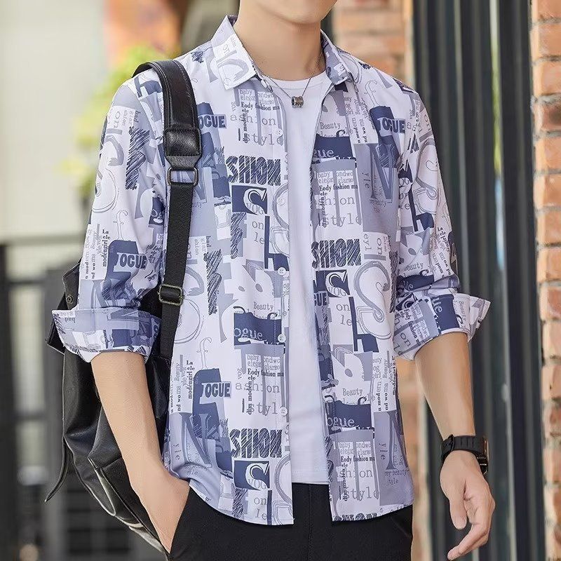 ns-855 Men's Autumn Casual Loose Shirt Coat Printed Long Sleeved Coat