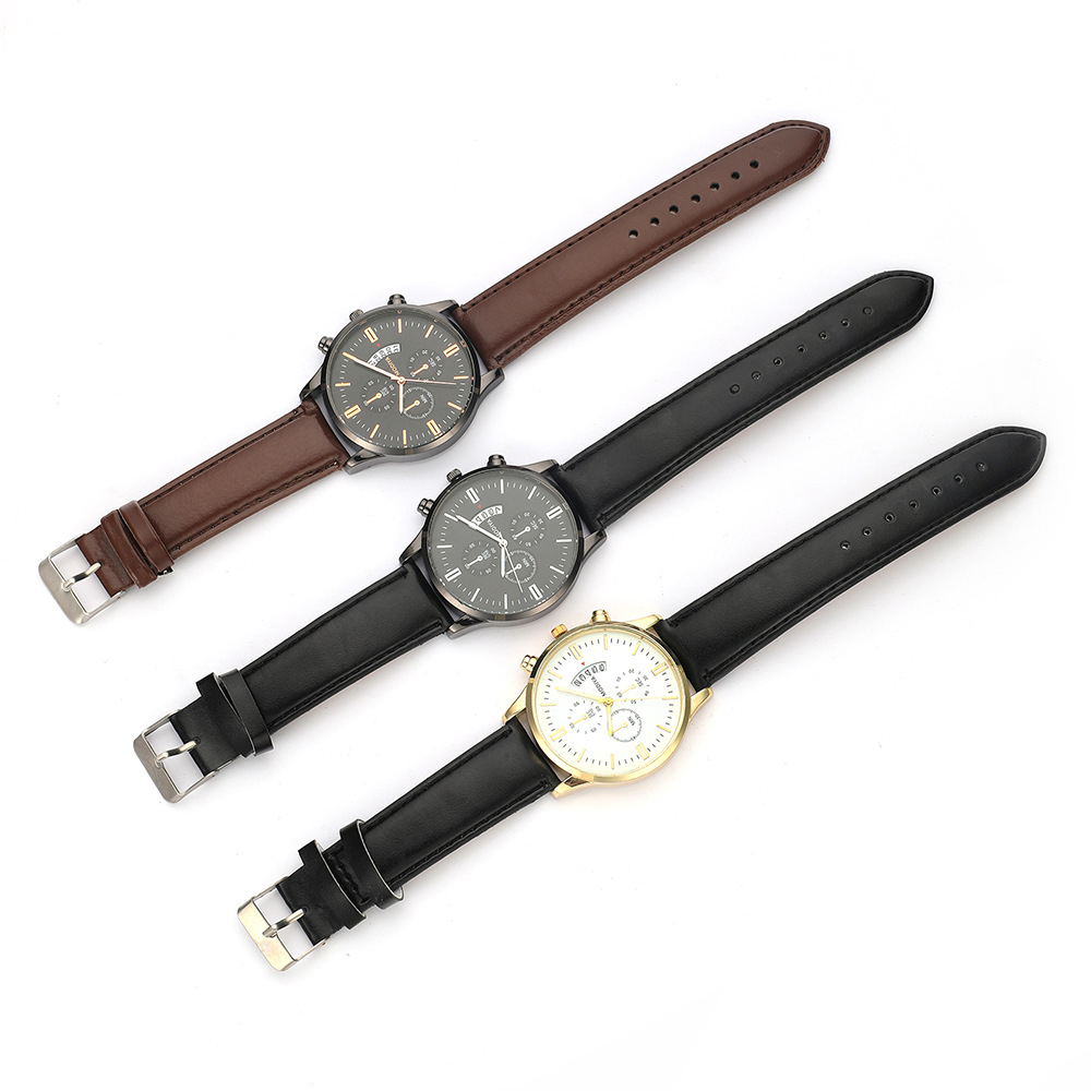 PD561-J Three-eye Leather Strap Black Watch Men Quartz Sports Wristwatches With Calendar