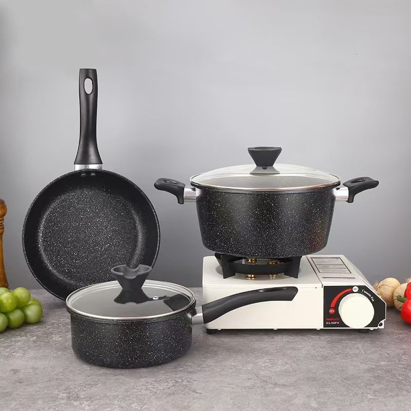 Home cookware set, wheat rice stone non stick cookware gift set, frying pan, milk pot, soup pot set, three piece cookware set