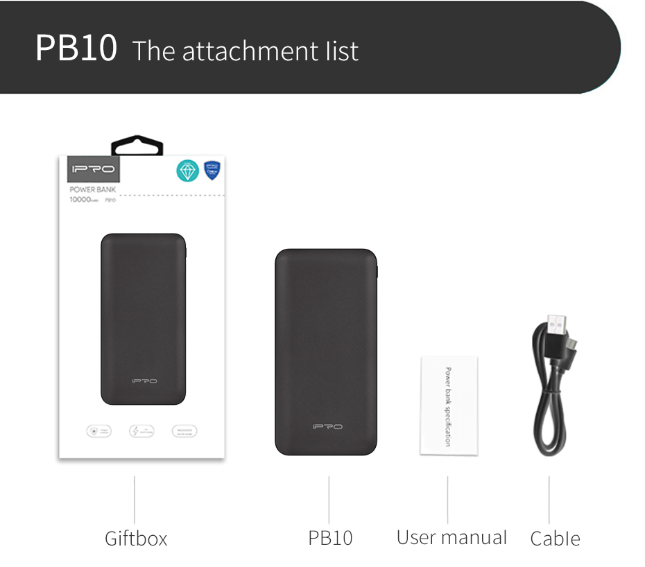 IPRO PB10 Power Bank 10000mAh with 1 Micro 2 USB Interface External Charging For Smart Mobile Phone Laptops Iphone Samsung Xiaomi Infinix Battery Charger Outside