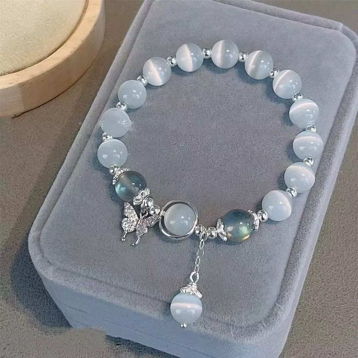 Ins Fashion Natural Freshwater Pearl White Cat Eye Opal String Beads Diamond Chinese Luck Charm Bracelets For Girl