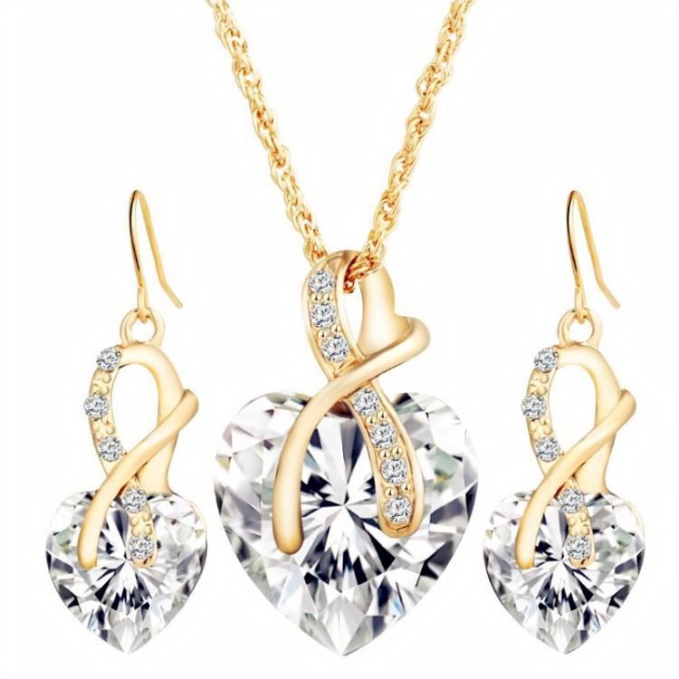 Huadeer Vintage Female Rainbow Crystal Jewelry Set Charm Gold Color Dangle Earrings For Women Simple Love Heart Wedding Chain Necklace