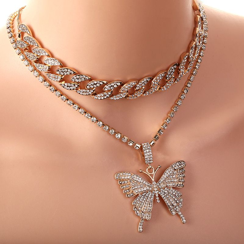 KY1014 Women's Vintage Inlaid Rhinestone Geometric Necklace Butterfly Pendant Necklace