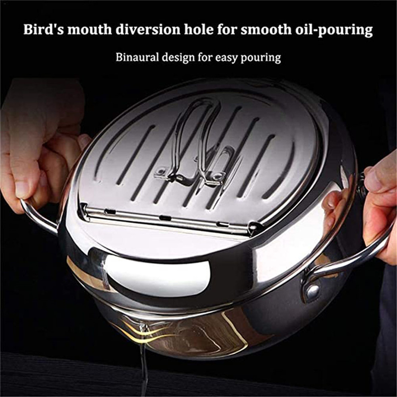 Ultron Japanese Deep Fryer With Thermometer and Lid 304 Stainless Steel Kitchen Tempura Fryer Pan Fryer Without Oil Frying Pan Fryer