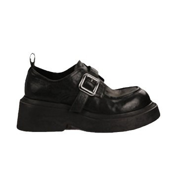 Loafer Shoe Woman Cowhide Washed Horsehide Round Toe Buckle Strap British Style Leather Shoes Women's Thick Soled Height Increasing Loafers