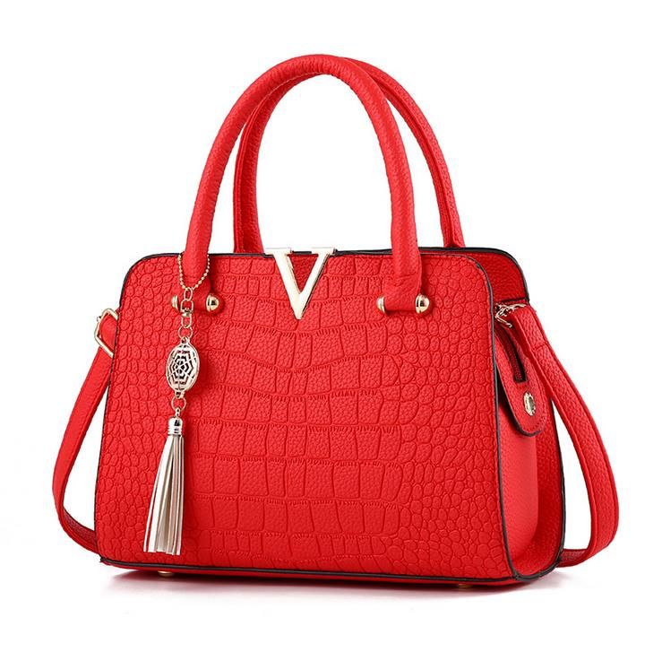 Crocodile leather women's bag V letter designer women's handbagRed