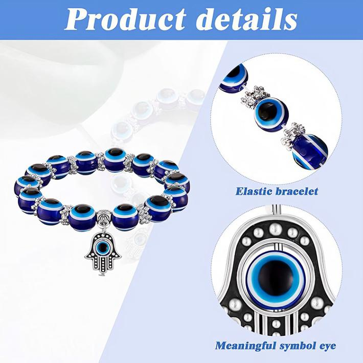 Huadeer Evil Eye Beaded Charm Bracelets Blue Eye Bead Hamsa Stretch Bracelet Hand of Fatima Turkish Lucky Bracelet for Women Men for Protection and Blessing