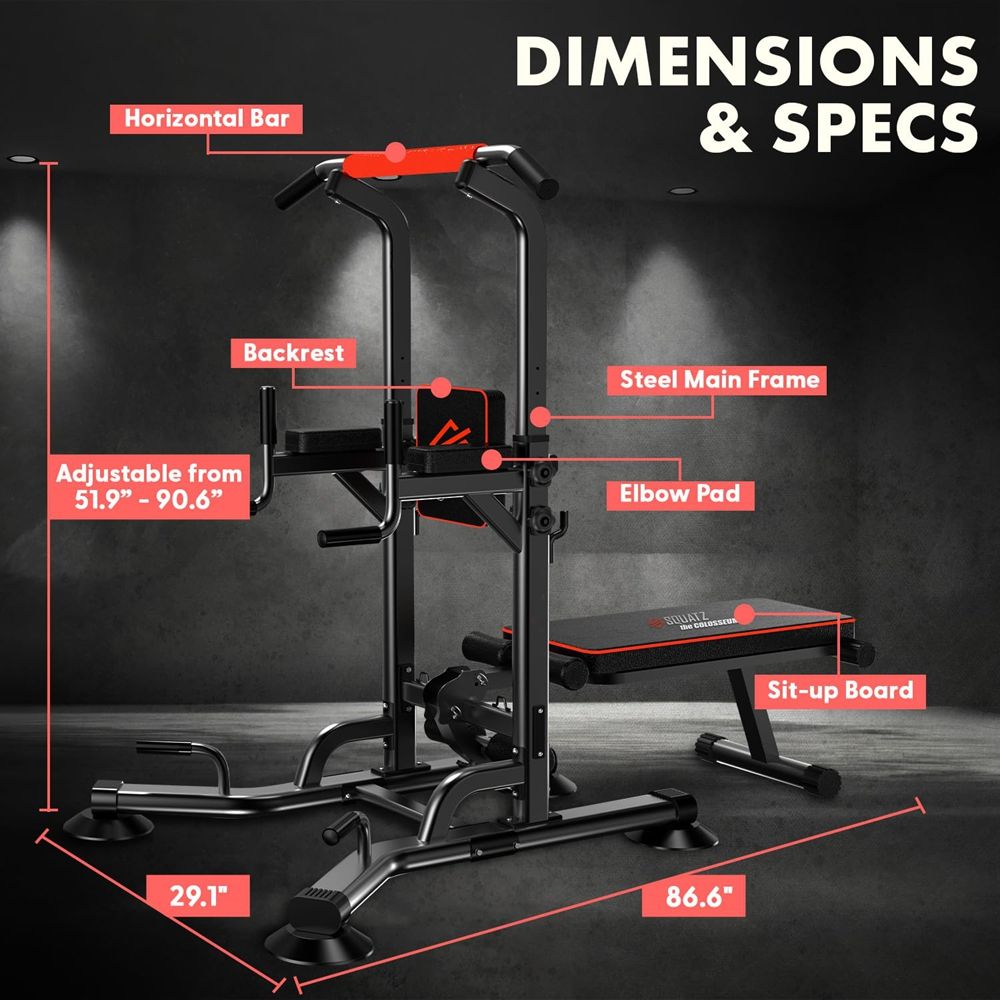 Pull-Up Workout Station with Bench - Multifunctional Gym Equipment Setup w/Pulling Bar, Sit-Up Board, Backrest, Elbow Pad, & Steel Main Frame, Great for Home Exercise and Weight Training