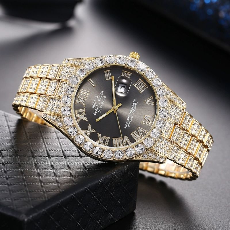 Diamond studded men's watch, gold filled with diamonds, calendar quartz watch CRRSHOP free shipping Wrist Watch Father's Day Gift