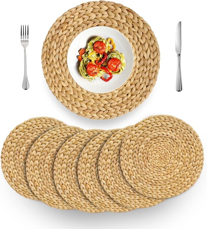 (Sizes: 12") Wannilen Woven Placemats Round Natural Water Hyacinth Placemat for Dining Table, Handmade Placemats Heat Resistant Non-Slip ( Set of 6)