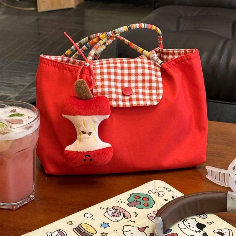 Cute Red Gingham Tote Bag with Apple Core Plush Charm Large Capacity Portable Shoulder Handbag for Daily Use Shopping Travel
