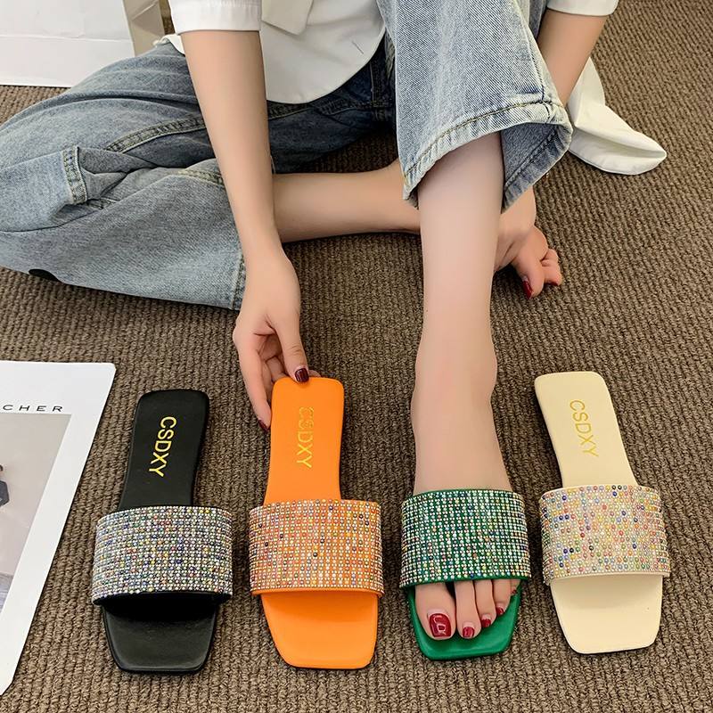 Rhinestone flat square head Korean version fashion line home flip-flops female A-6