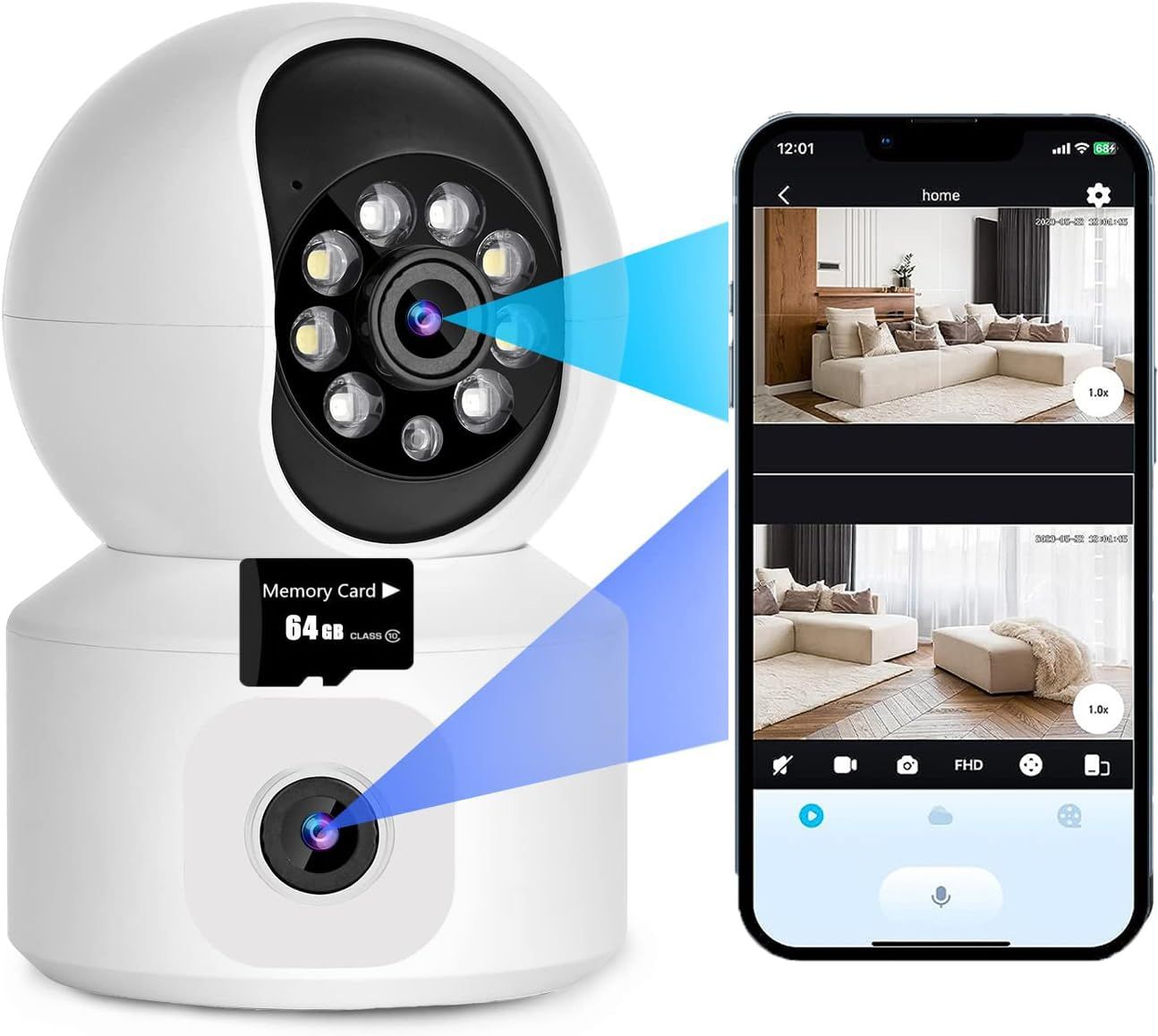 Indoor Pan/Tilt Smart Security Camera, 1080p HD Dog-Camera,2.4GHz with Night Vision,Motion Detection for Baby and Pet Monitor, Cloud & SD Card Storage, Works with Alexa& Google Home (EC70), White