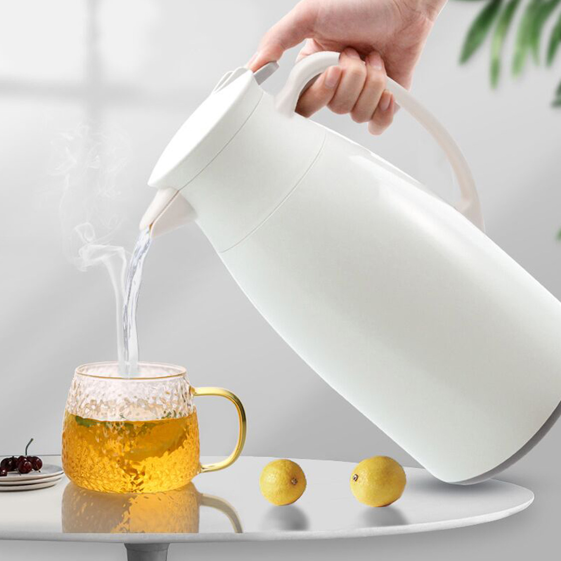 2L Glass Lined Thermal Carafe Double Walled Vacuum Flask Keeping Hot 24 Hour Heat Retention Tea Pot with Lid BPA Free