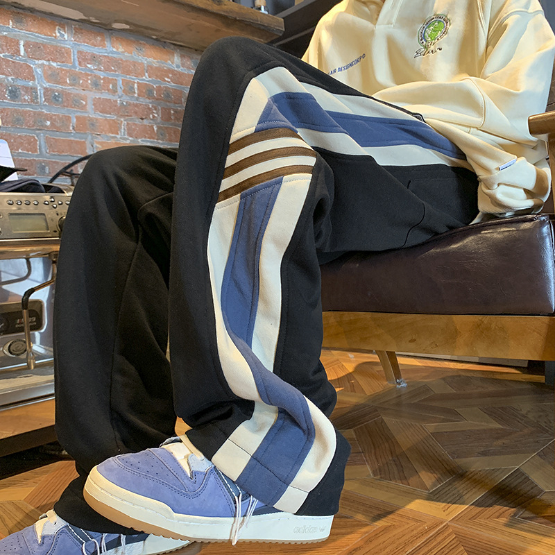 GYS Men's Spring and Autumn Sports Casual Pants Striped Patchwork Wide-Leg Pants