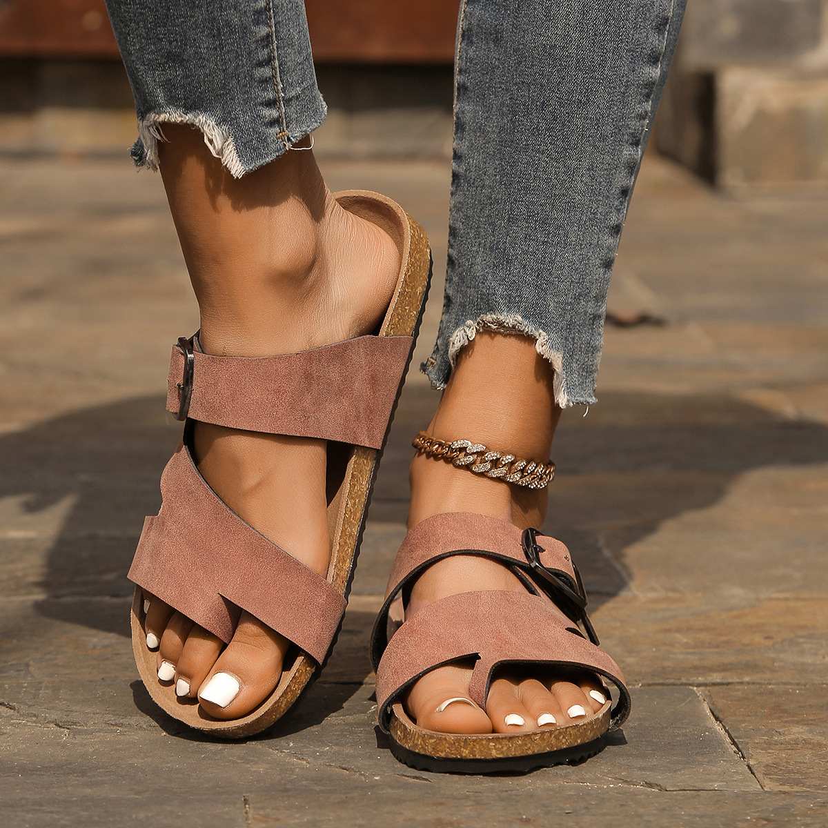 Large size flat Slippers women 2025 NEW belt BUCKLE fashion FLAT bottom OUTSIDE CORK bottom cool slippers Slippers