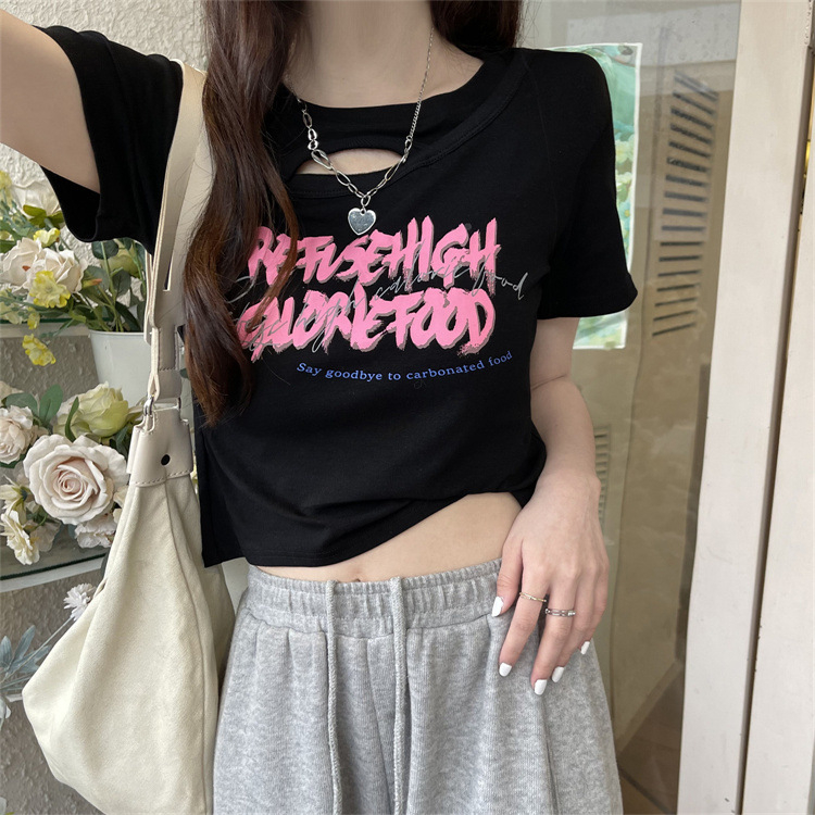 WYP-6791 Women's Fashion Loose Cutout Design Sense Printed Slim Slim Cropped T-shirt