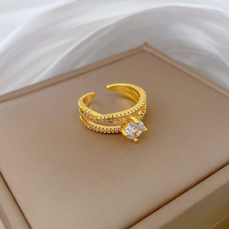 Minimalist Cold Style Twisted Cross Double Layer Zircon Open Adjustable Ring Gold Electroplated Stackable Index Finger Band Trendy Viral Sparkly Crystal Statement Hand Jewelry Elegant Daily Dating Party Accessory Gift For Women
