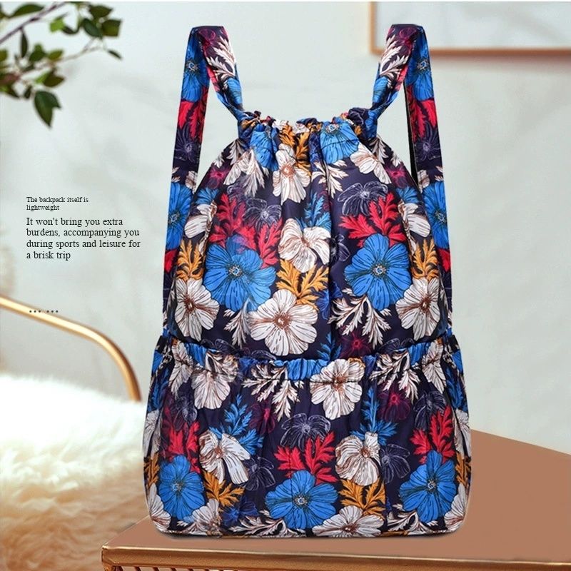 Floral Drawstring Backpack Large Capacity Foldable Portable Shopping Bag Outdoor Travel Backpack for Women
