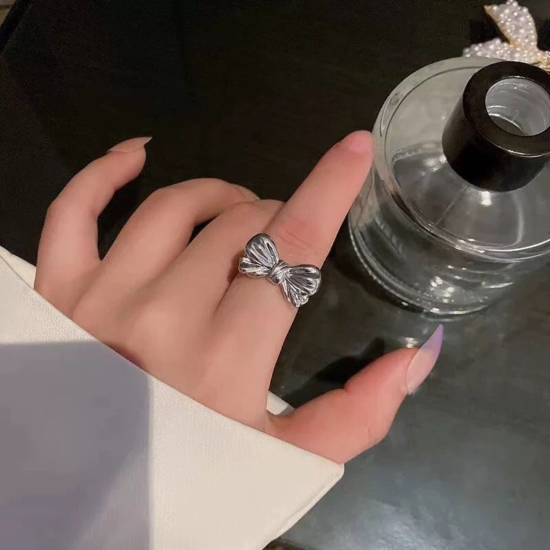 J203 Women Men Silver Color Glossy Geometric Irregular Rings Cute Bowknot Ring Open Adjustable Couple Ring Jewelry