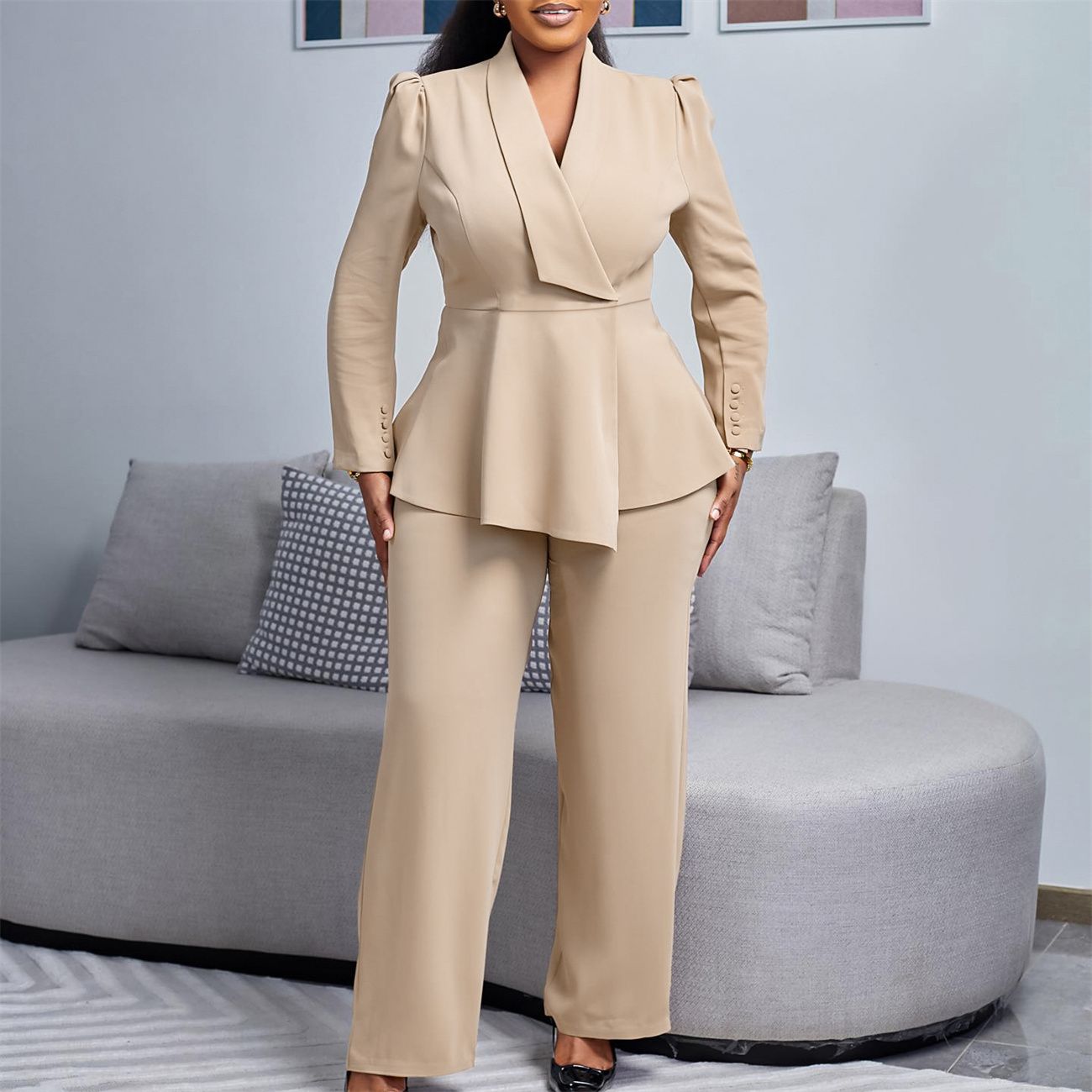 D549 European and American women's new fashion temperament elegant OL flanged top wide-leg pants fashion suit