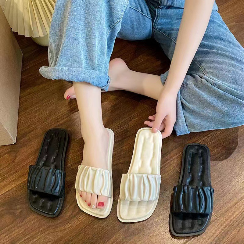 010 Women Soft Non-slip Square Toes Soft-soled Slides Slippers Casual Indoor Outdoor Beach Flat Sandals