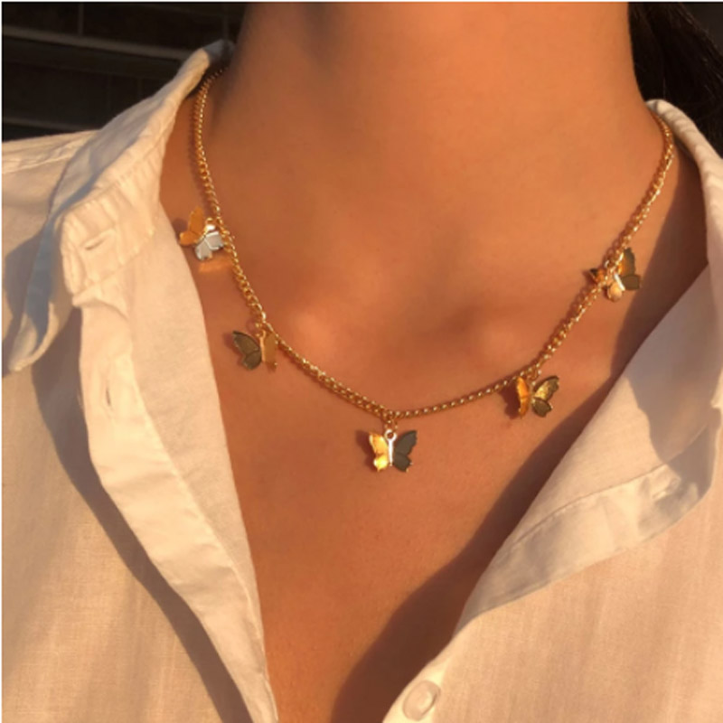 Gold Chain Butterfly Pendant Choker Necklace Women Statement Collares Bohemian Beach Jewelry Gift Collier Cheap