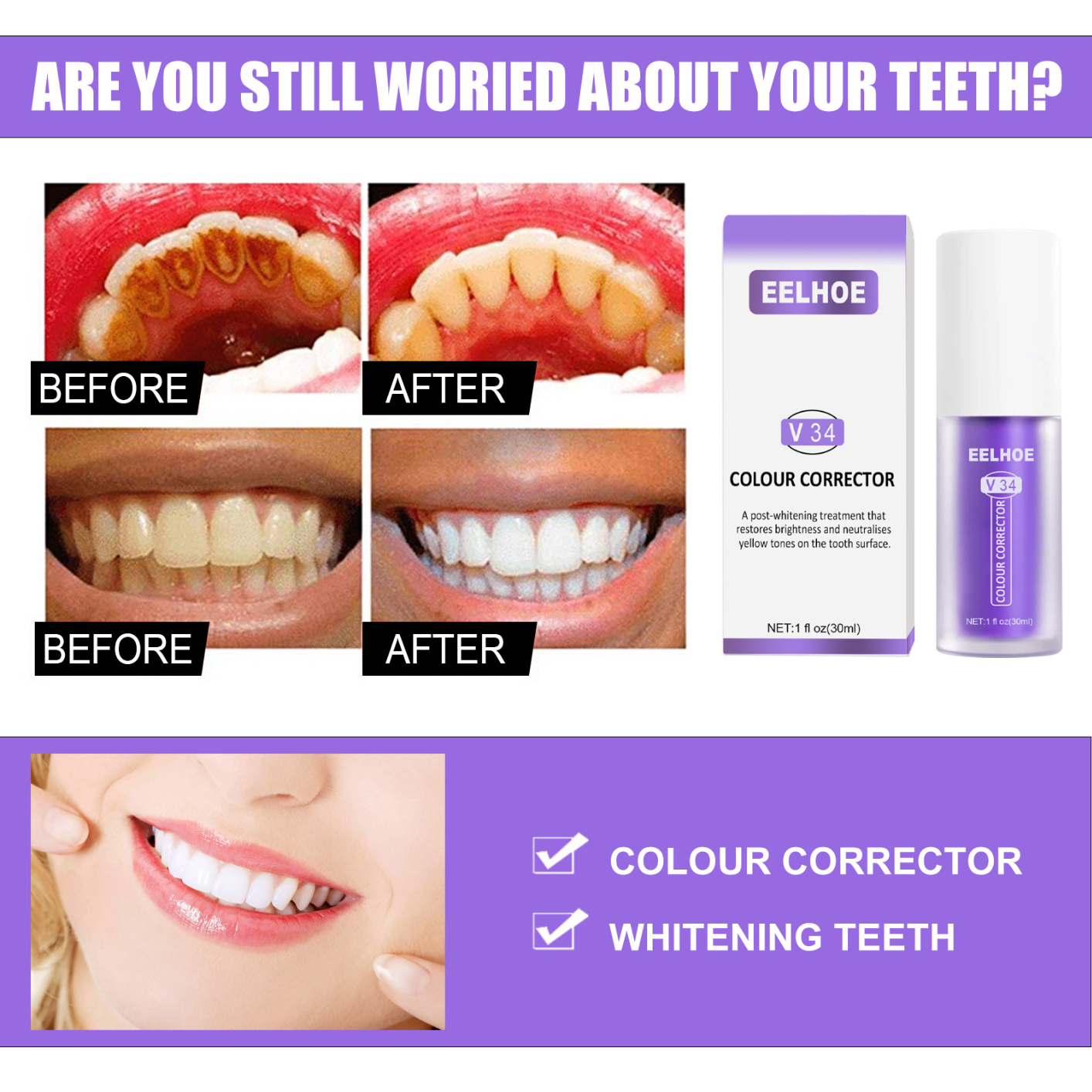 V34 Colour Corrector and Nhpro Enamel Care Toothpaste Kit, Purple Toothpaste for Teeth Whitening and Teeth Cleaning