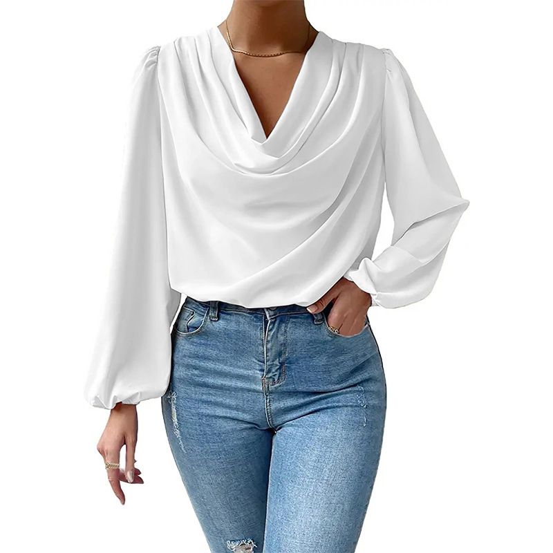 Women's chiffon long sleeve shirt loose pleated V-neck top MJ2232