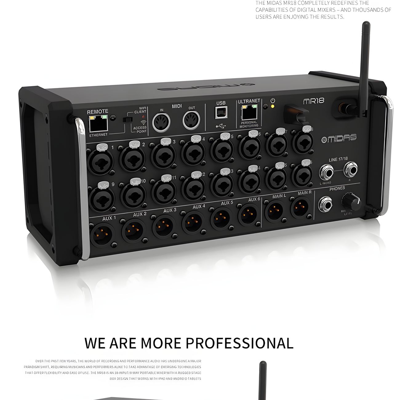 MIDAS MR18 rack-mounted digital mixing console stage performance band concert scene