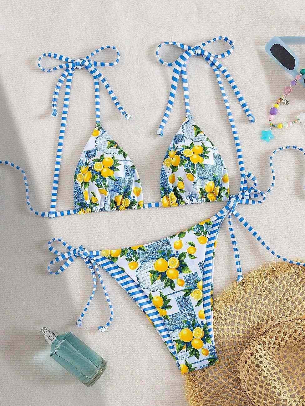 Women's Lemon Print Triangle Bikini Set, Adjustable Tie Shoulder Straps & Tie-Side Cheeky Bottom, Two-Piece Swimsuit with Plaid Trim for Beach, Pool, Vacation & Summer Party

