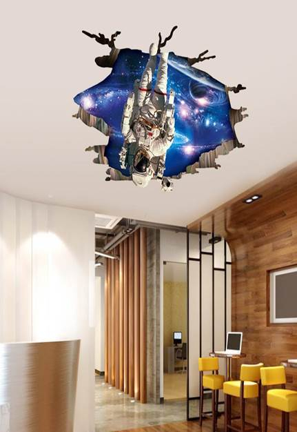 3D stereo through-wall visual wall stickers space astronauts living room bedroom ceiling wall self-adhesive decorative painting